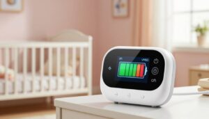 A close-up view of a Motorola VM85 Connect Baby Monitor showcasing its battery status indicator and power management features. The foreground features the monitor's sleek, modern design with a digital display showing battery life percentage in vibrant colors. In the middle ground, there is a soft focus on a nursery setting, highlighting a cozy crib and gentle lighting, creating a nurturing atmosphere. The background includes blurred pastel-colored walls, hinting at a child's room. Natural light streams in through a nearby window, casting a warm glow across the scene. The overall mood is serene and family-friendly, emphasizing safety and reliability, suitable for parenting discussions.