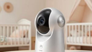 A close-up view of the Motorola VM85 Connect Baby Monitor camera, showcasing its sleek, modern design and adjustable camera movement. The camera is positioned in a cozy, softly lit nursery, with gentle, ambient lighting emphasizing its smooth, rounded edges and metallic finish. In the foreground, focus on the lens and the two-way audio feature, capturing the intricate details of the device. The middle ground should include soft pastel colors of the nursery, with a plush crib and soothing decorations, while the background displays a blurred view of a peaceful, welcoming room. The angle should be slightly elevated, highlighting the camera's functionality and providing a sense of security and versatility. The overall mood should convey safety and warmth, inviting parents to feel reassured with this nursery cam.